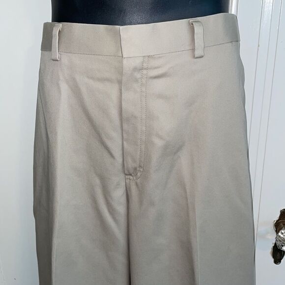 L.L. Bean Comfort Waist Belt cotton khaki flat front pants - Picture 2 of 10